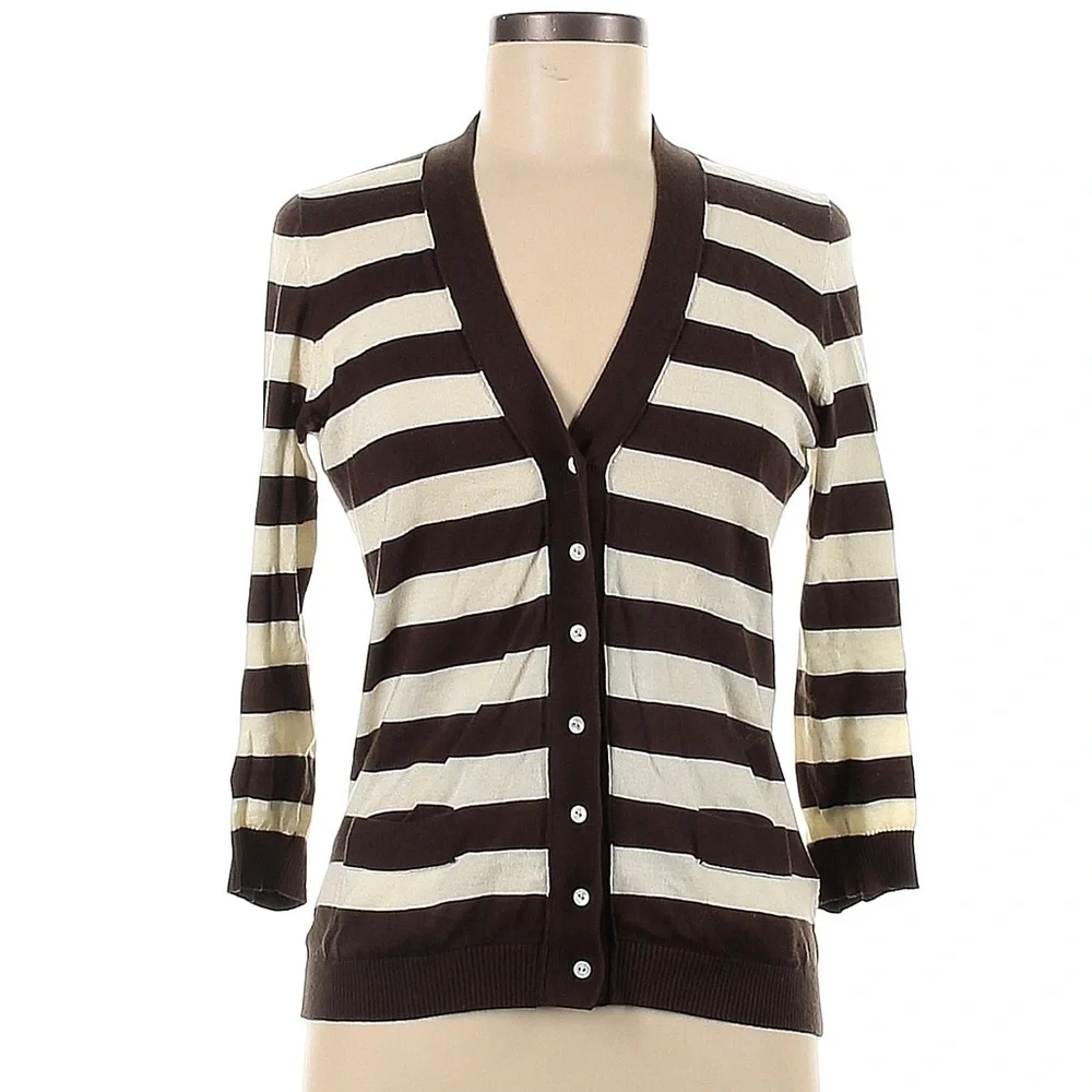 J. Crew Featherweight Chocolate Brown Ivory Cardigan Striped V Neck Cotton Large